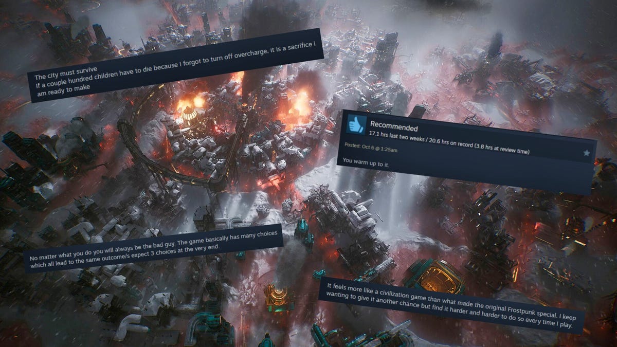 City Building Sim Frostpunk 2, conforme contado pelas análises do Steam
