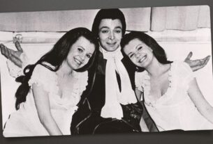 Damien Thomas with Madeleine Collinson (left) and Mary Collinson on the set of 1971’s ‘Twins of Evil.’