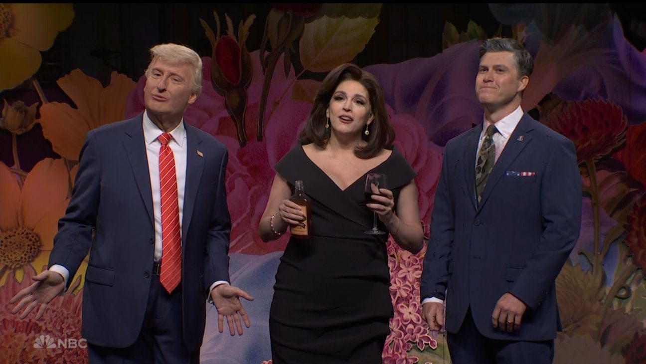 James Austin Johnson's Donald Trump with Cecily Strong's Jeanine Pirro and Colin Jost's Pete Hegseth on 'SNL'