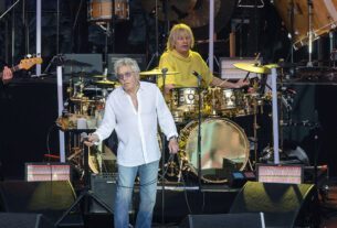 (L-R) Simon Townshend, John Button, Roger Daltrey and Zak Starkey of the British band The Who perform live on stage during a concert at the Waldbuehne on June 20, 2023 in Berlin, Germany.