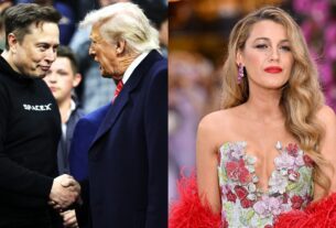 A split image of Elon Musk and Donald Trump shaking hands, Blake Lively on the red carpet for 'It Ends With Us'