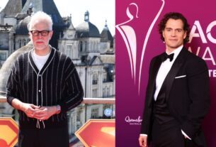 A split image of James Gunn and Henry Cavill posing for photos