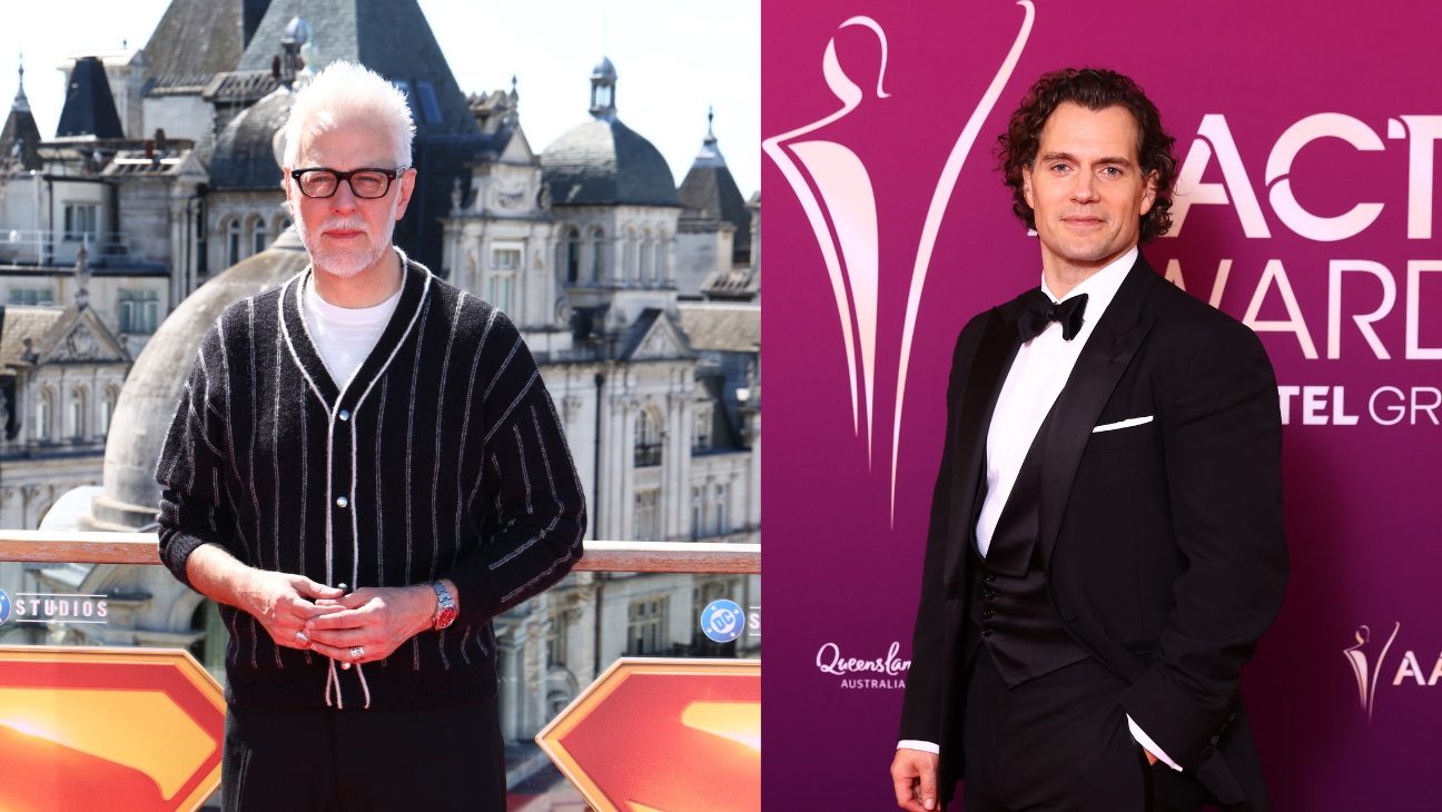 A split image of James Gunn and Henry Cavill posing for photos