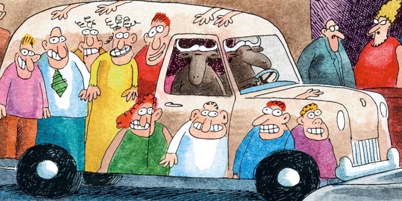 10 quadrinhos do início do lado do lado que mostram como a arte de Gary Larson evoluiu