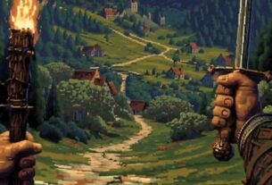 Pixel art shows someone approaching a town.