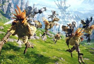 Art shows FF14 characters riding on Chocobos.