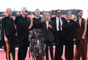 (L-R) Vicky Krieps, Jim Jarmusch, Cate Blanchett, Charlotte Rampling, Luka Sabbat, Mayim Bialik and Indya Moore attend the 'Father Mother Sister Brother' red carpet during the 82nd Venice International Film Festival.