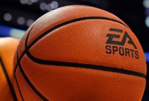 A basketball with the EA logo on it appears in a court.