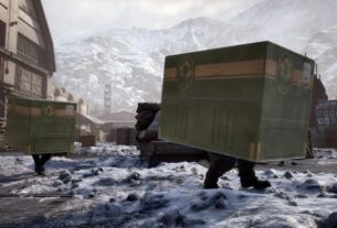 Soldiers wear cardboard boxes as they sneak across a military base.