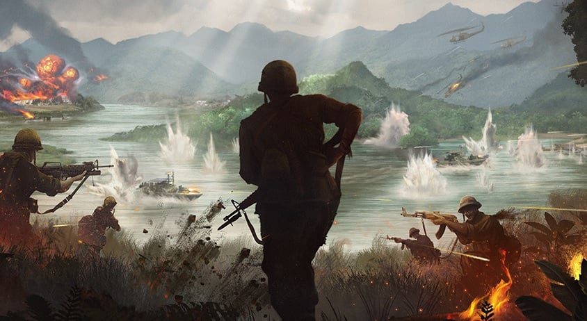 Art shows a soldier in the jungle.