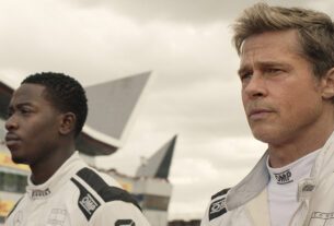 Damson Idris as Joshua Pearce and Brad Pitt as Sonny Hayes in F1