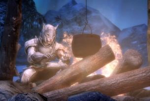 A Khajiit warms themselves by the fire.