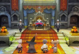 A screenshot of Bravely Default for the Nintendo Switch 2. The four protagonists are kneeling before a king.