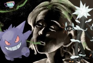 A collection of spooky Pokémon over a lady having her lifeforce sapped away.