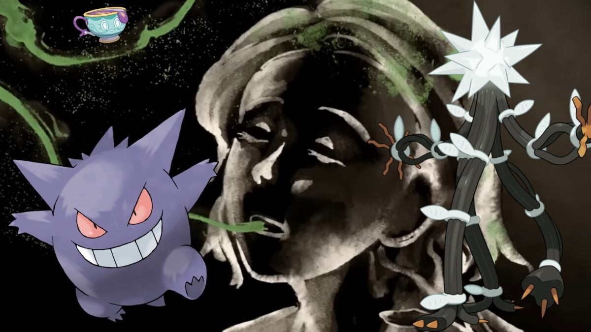 A collection of spooky Pokémon over a lady having her lifeforce sapped away.