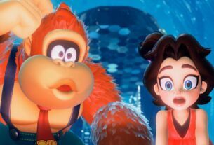 Donkey Kong and Pauline share a surprised look.