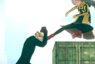 A character blocks another one's kick.