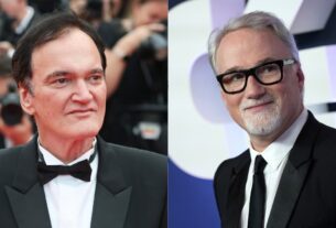 A split image of Quentin Tarantino in suits