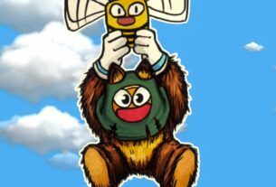 The protagonist flies through the air while holding onto a large bee.