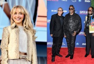 Sabrina Carpenter and Earth, Wind & Fire in a split image