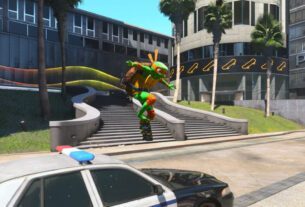 Michelangelo ollies over a police car.