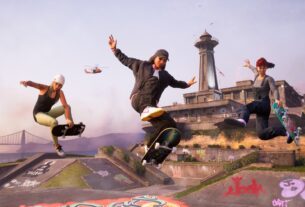 Skaters pull off tricks at a park.