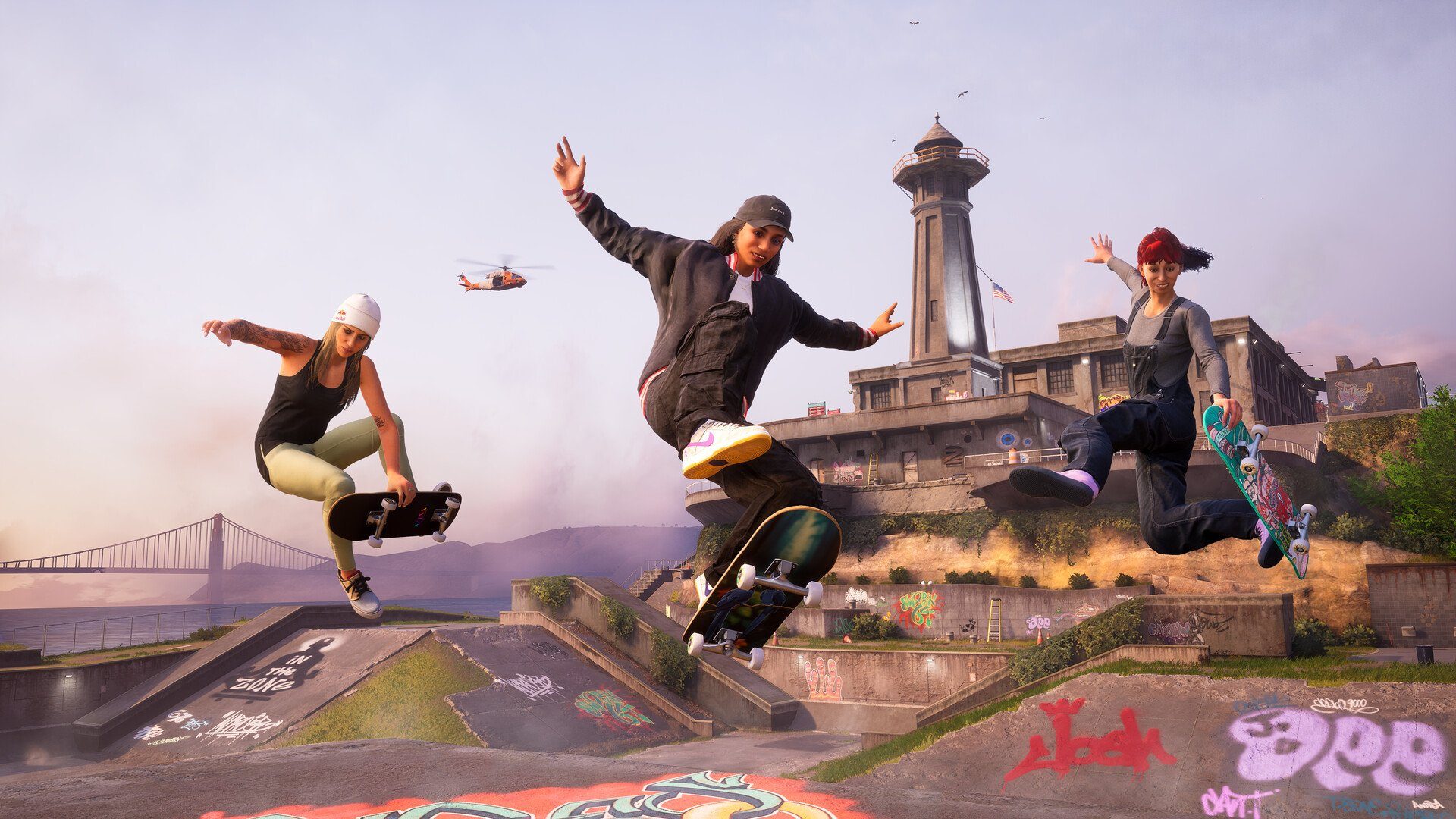 Skaters pull off tricks at a park.