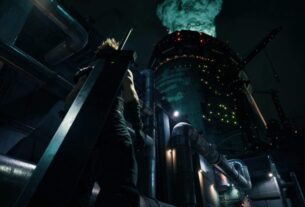 Cloud looks up at Shinra HQ.
