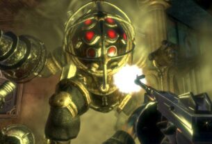 The protagonist of BioShock fires a Tommy gun at a Big Daddy.