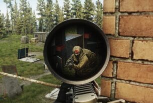 An enemy soldier is in the player's sights.
