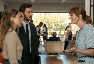 (L to R) Kristen Bell as Joanne, Adam Brody as Noah, Leighton Meester as Abby in episode 205 of Nobody Wants This.