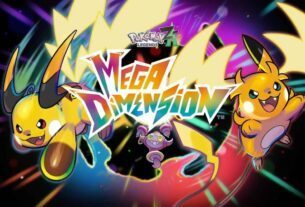 Mega Raichu X and Y jump toward the camera as Hoopa holds up a logo for the Mega Dimension DLC