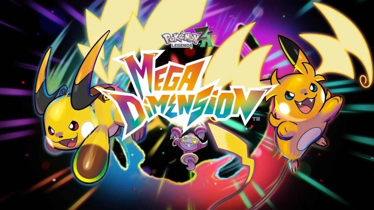 Mega Raichu X and Y jump toward the camera as Hoopa holds up a logo for the Mega Dimension DLC