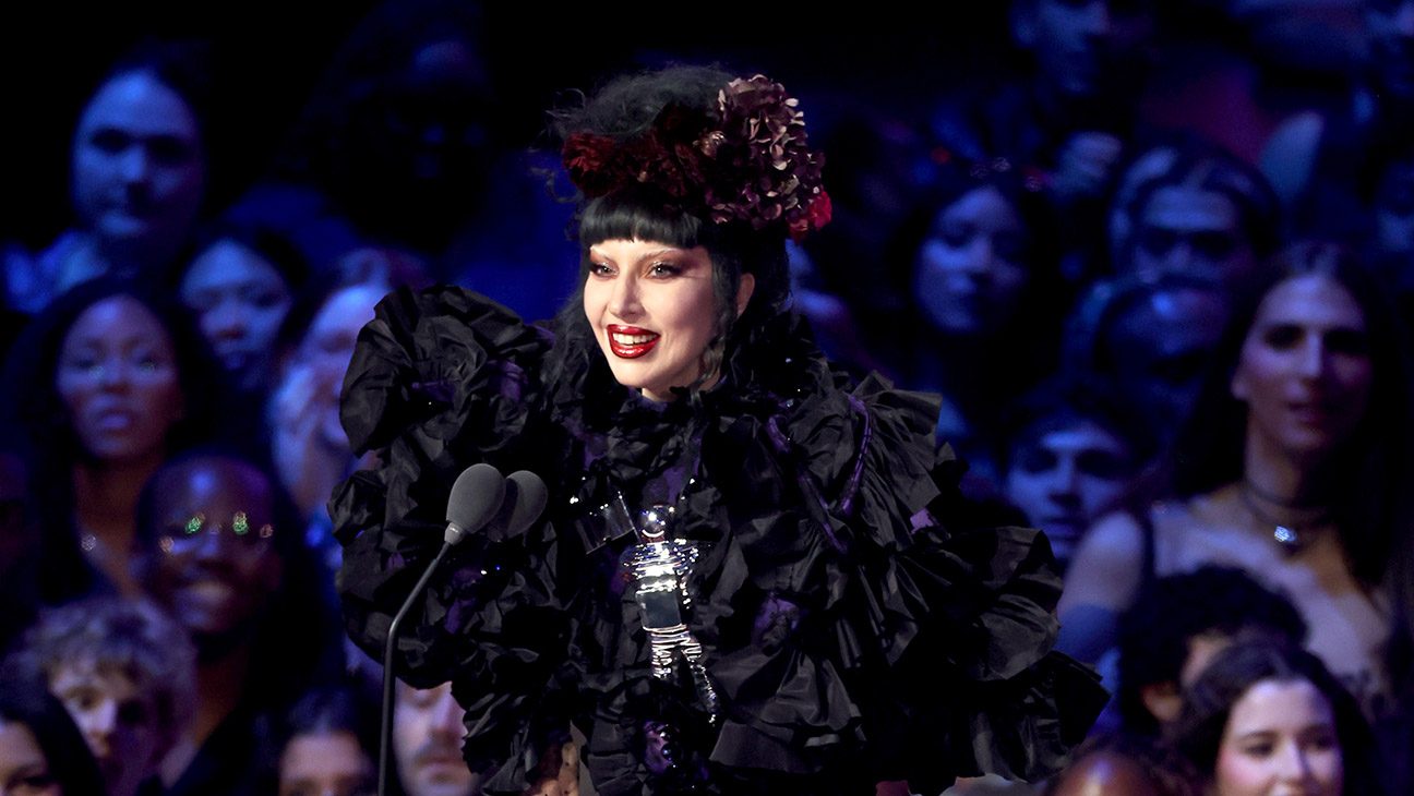 Lady Gaga accepts the artist of the year award onstage during the 2025 MTV Video Music Awards at UBS Arena on Sunday.