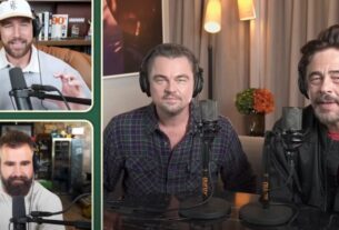 Leonardo DiCaprio entre celebridades abraçando podcasts para promover filmes