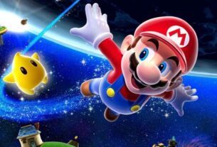 Mario flies through space.
