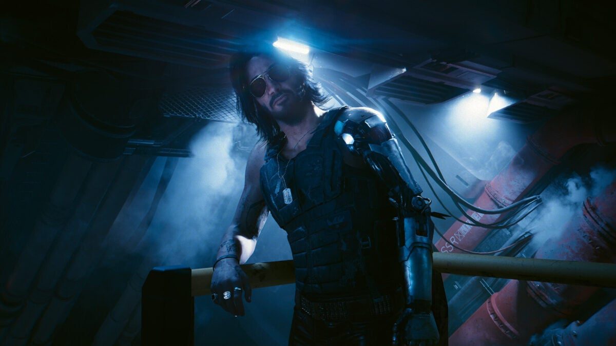 Johnny Silverhand leans on a railing.