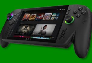 A ROG Xbox Ally X floats against a green background.