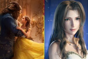 A side-by-side image shows the Beast and Bell from the 2017 remake and Aerith from FF7 Rebirth.