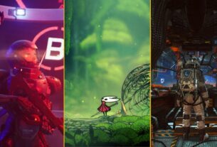 A composite image shows the protagonists of Metal Eden, Silksong, and a No Man's Sky character arranged in a row.