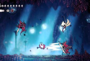 Hornet fights off enemies in a blue level.