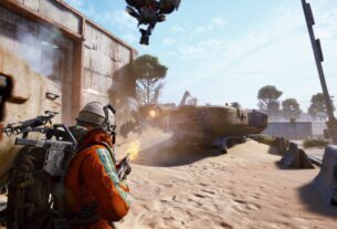 A player character opens fire in the desert.