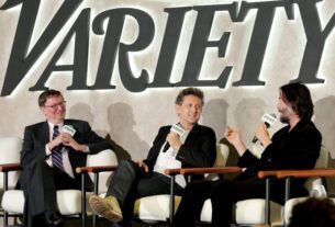 NEW YORK, NEW YORK - OCTOBER 06: (L-R) Brent Lang, Alex Winter and Keanu Reeves speak onstage during Variety The Business Of Broadway Presented By City National Bank at Second on October 06, 2025 in New York City. (Photo by Craig Barritt/Variety via Getty Images)