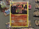 A Charmelon card is displayed on a basement floor.