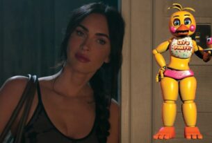 Megan Fox leaning against a doorway with a render of Toy Chica photoshopped next to her