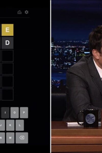 Jimmy Fallon playing Wordle on the Tonight Show.