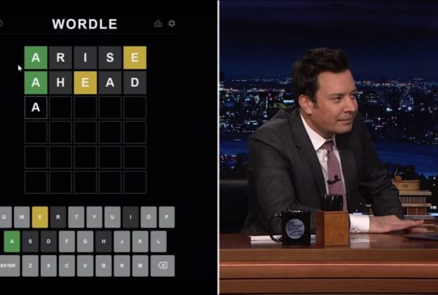 Jimmy Fallon playing Wordle on the Tonight Show.