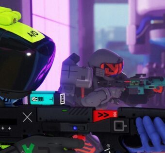Soldiers hold up weapons.