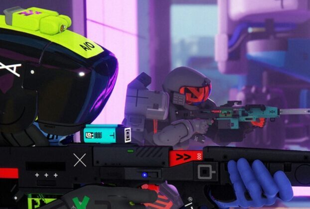 Soldiers hold up weapons.