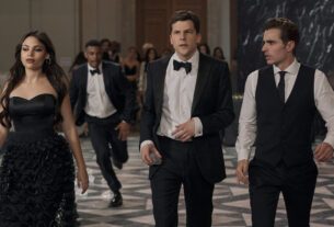 Ariana Greenblatt as June, Jesse Eisenberg as Daniel Atlas, and Dave Franco as Jack Wilder in Now You See Me: Now You Don’t.